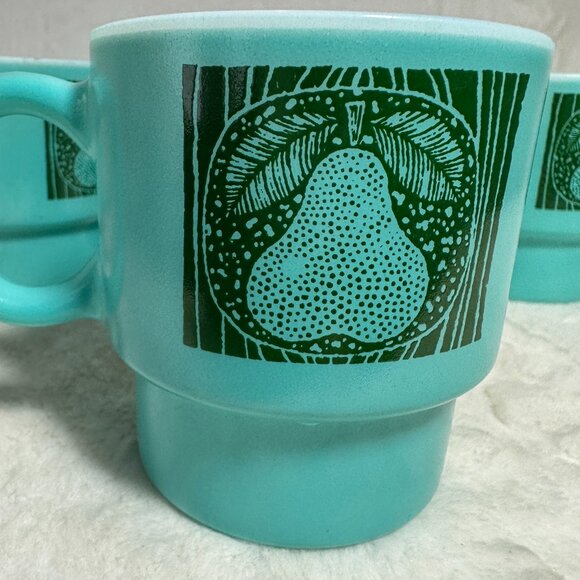 4 Vintage Teal Blue Stackable Coffee Mug Cups Turquoise Hazelware Fruit W6809 - Picture 6 of 12